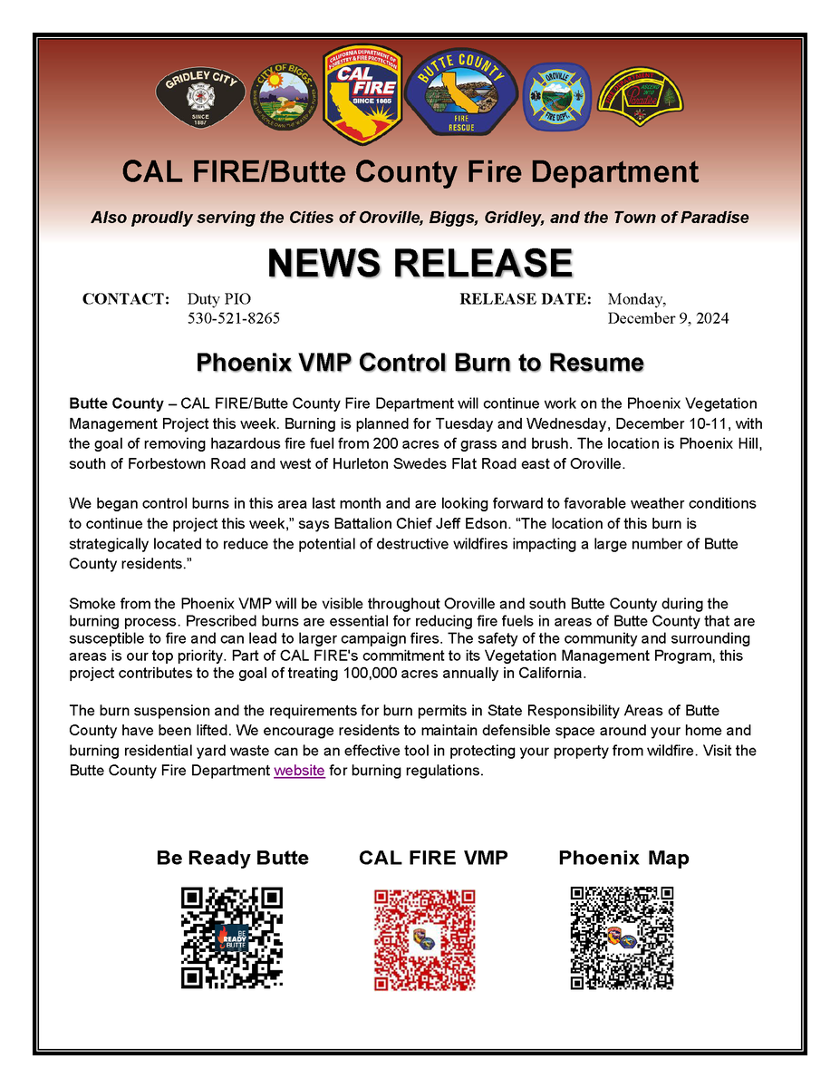 CALFIRE_ButteCo's tweet photo. CAL FIRE/Butte County Fire plans to burn 200 acres of hazardous fire fuel east of Oroville Tuesday and Wednesday. See the news release for details about the #PhoenixVMP https://t.co/1dTQl5lfRa