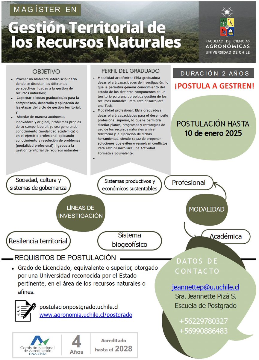 Tienes interés de contribuir al fortalecimiento de actividades académicas e innovar en tecnologías de gestión de los recursos naturales? Postula al Magíster en Gestión Territorial de Recursos Naturales en
<a href="/agronomiauchile/">Agronomía UChile</a>

TE INFORMAMOS ➡️ agronomia.uchile.cl/postgrado/magi…