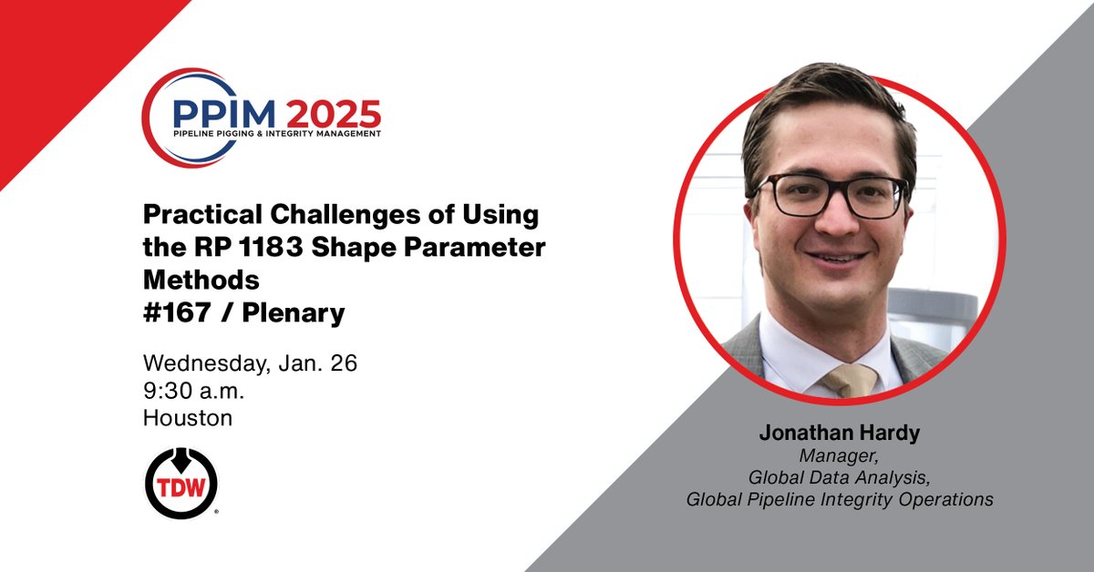 Discover the insights behind RP 1183 Shape Parameter Methods at the PPIM 2025 plenary session! 🛠️

🔗 Learn more about this and other TDW sessions at PPIM 👉 bit.ly/4iv8Thm

#PPIM2025 #PipelineIntegrity #oilandgas