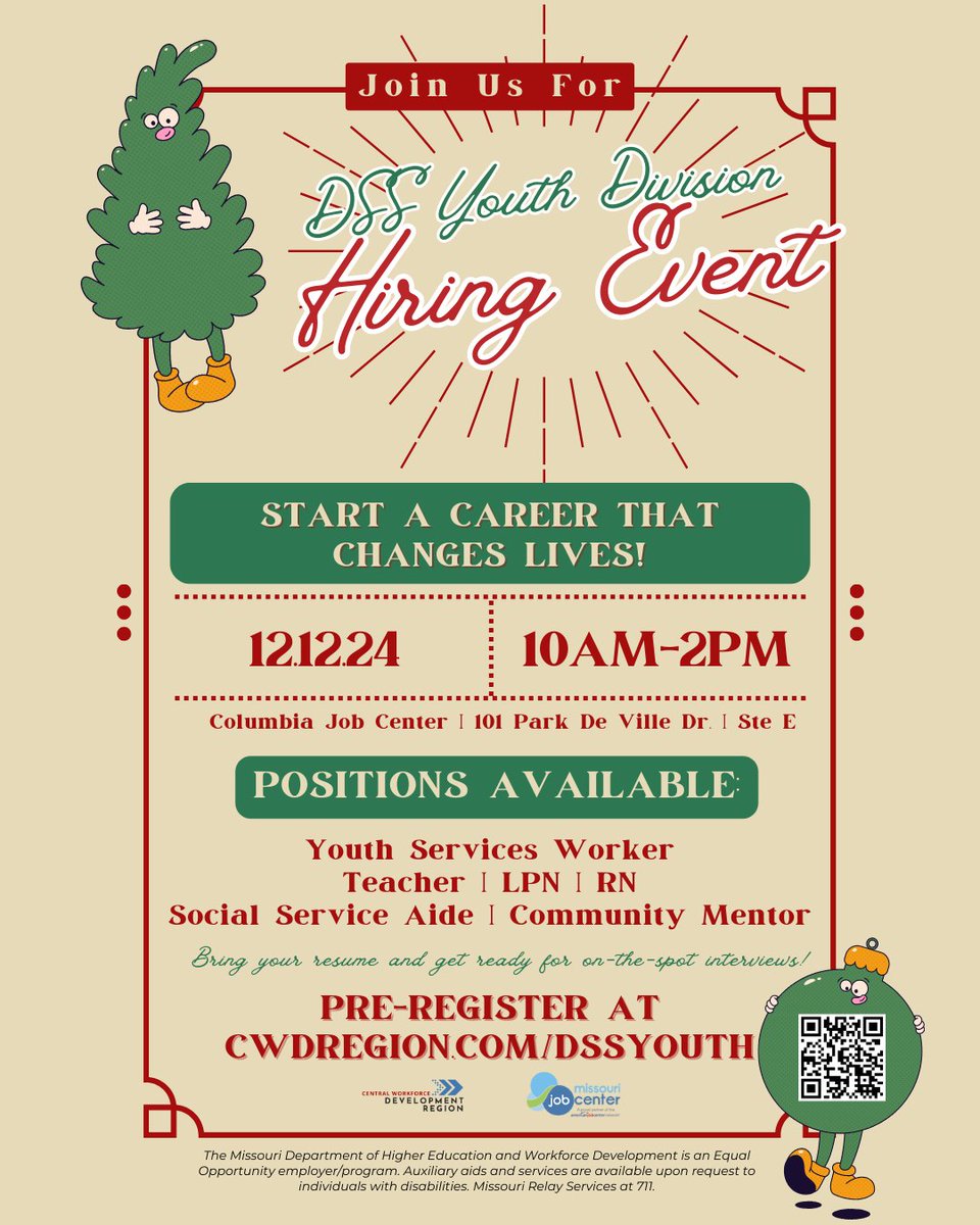 🚨 DSS Youth Division Hiring Event 🚨

Looking for a meaningful career? The DSS Youth Division is hiring and will be at the Columbia Job Center on Thursday, December 12, from 10 AM–2 PM! 

📌 Pre-register now at cwdregion.com/dssyouth