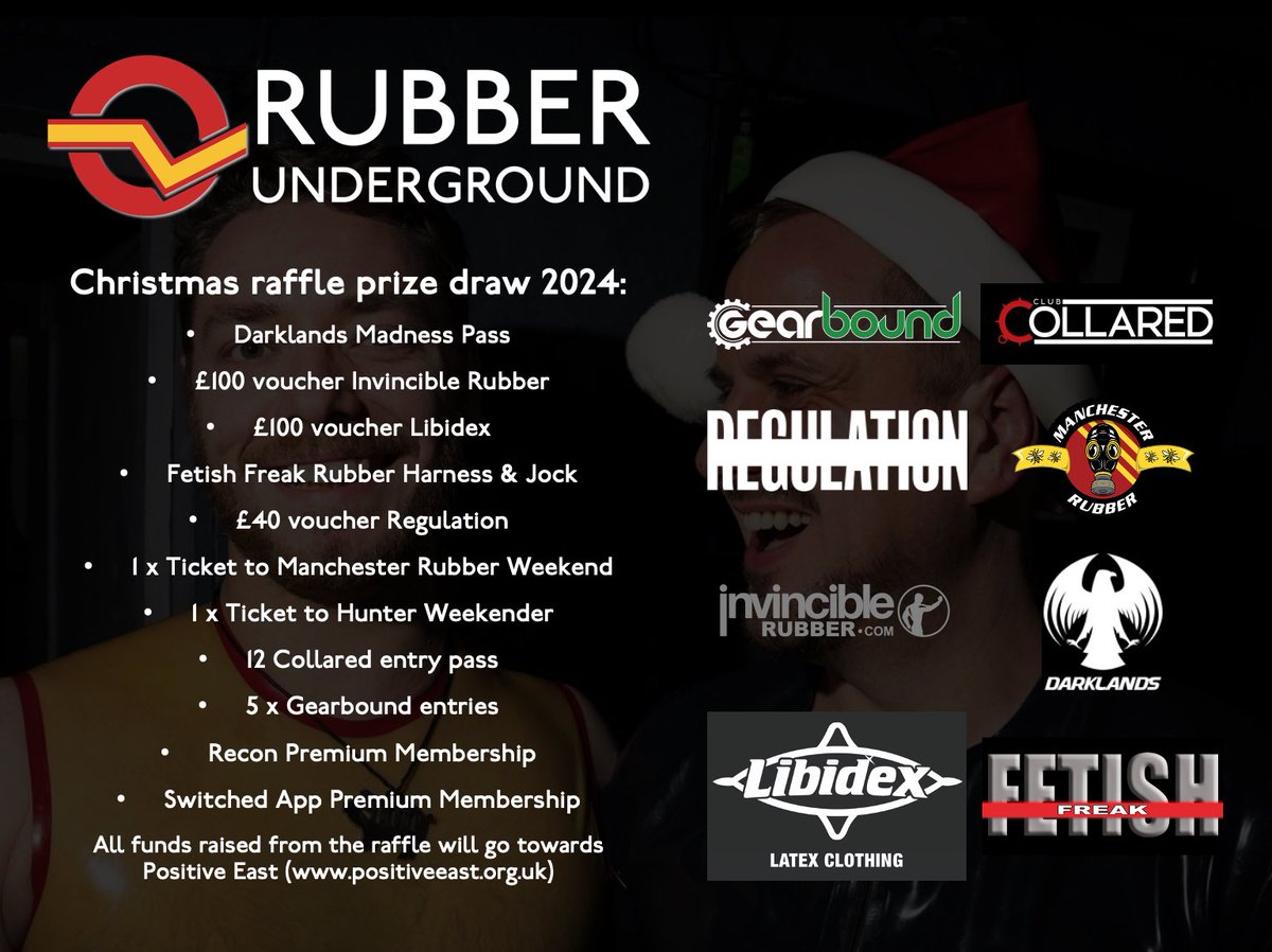 Rubber Underground (@rubberundergrnd) on Twitter photo On Friday the 13th of December we will have our Christmas special event and we have some amazing prizes in our charity raffle!
This year all proceeds from the raffle will go to <a href="/PositiveEast/">Positive East</a>
😍😍😍 On Friday the 13th of December we will have our Christmas special event and we have some amazing prizes in our charity raffle!
This year all proceeds from the raffle will go to <a href="/PositiveEast/">Positive East</a>
😍😍😍