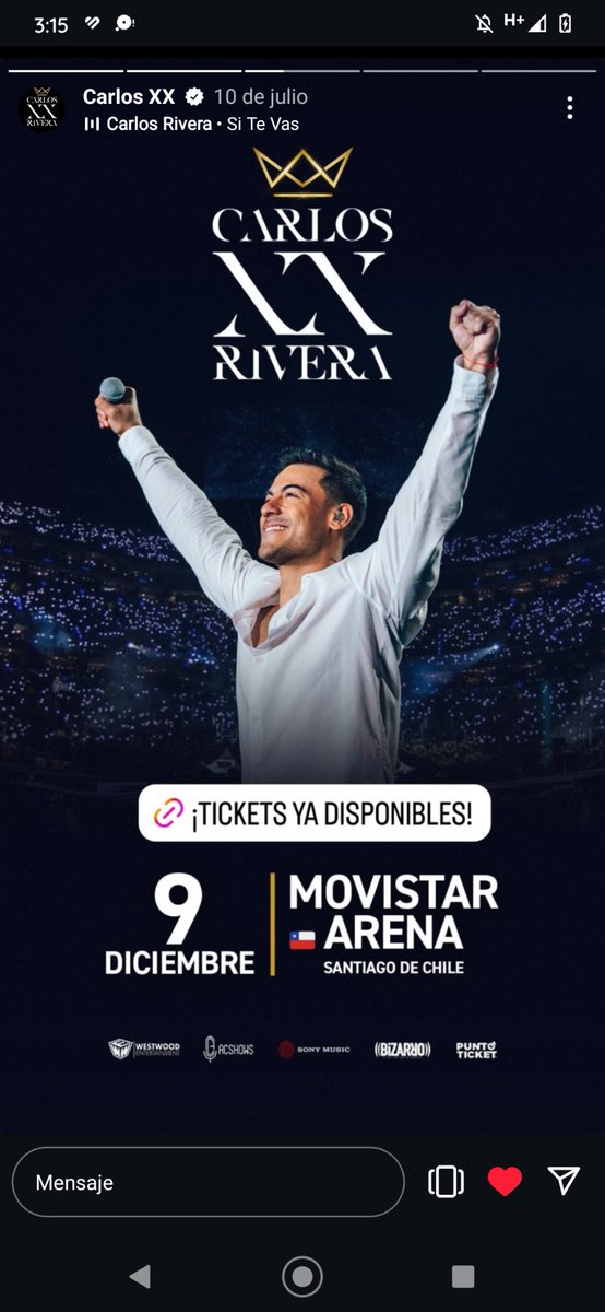 claumav_0808's tweet photo. Es hoy 
Es hoy!!!
#Riveristas de #Chile disfruten este gran concierto!!!
#RiveristasPorTi
@_CarlosRivera
@mikenoriega
@jjuarezww
@westwoodfans
@WestWoodEntt
@sonymusic
@CR_ClubPorTi
@PorTi_SedeMty https://t.co/u2YvtgH6Mc