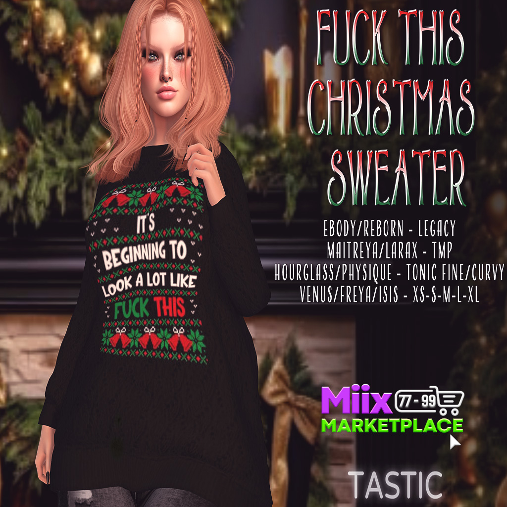 SpunkygrlSL's tweet photo. New for MIIX Marketplace Only 99L!  
https://t.co/gzy9xbajpE 
Tastic-Fuck This Christmas Sweater 99L Sale!!
Are you a scrooge for Christmas? Is it NOT your favorite ti... 
Thank you for shopping at Tastic https://t.co/eQaUcLqMng