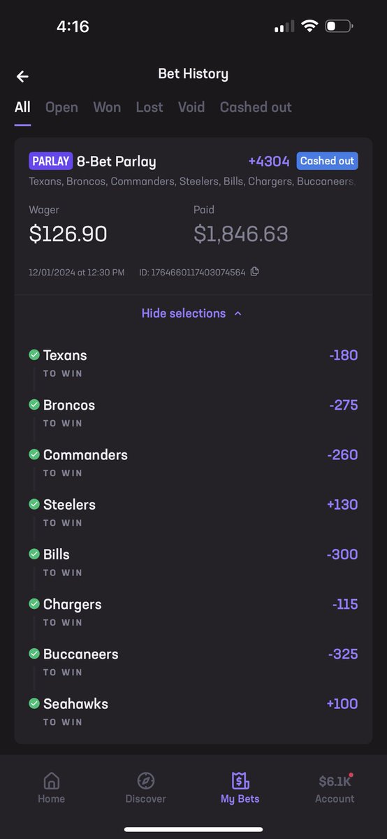 Honeill74Hunter's tweet photo. @Blain_Crain here’s two weekends in a row picking 6+ nfl correct unfortunate cash out in one left some money on the table but I also put me picks for tonight https://t.co/qCsuvjYufl