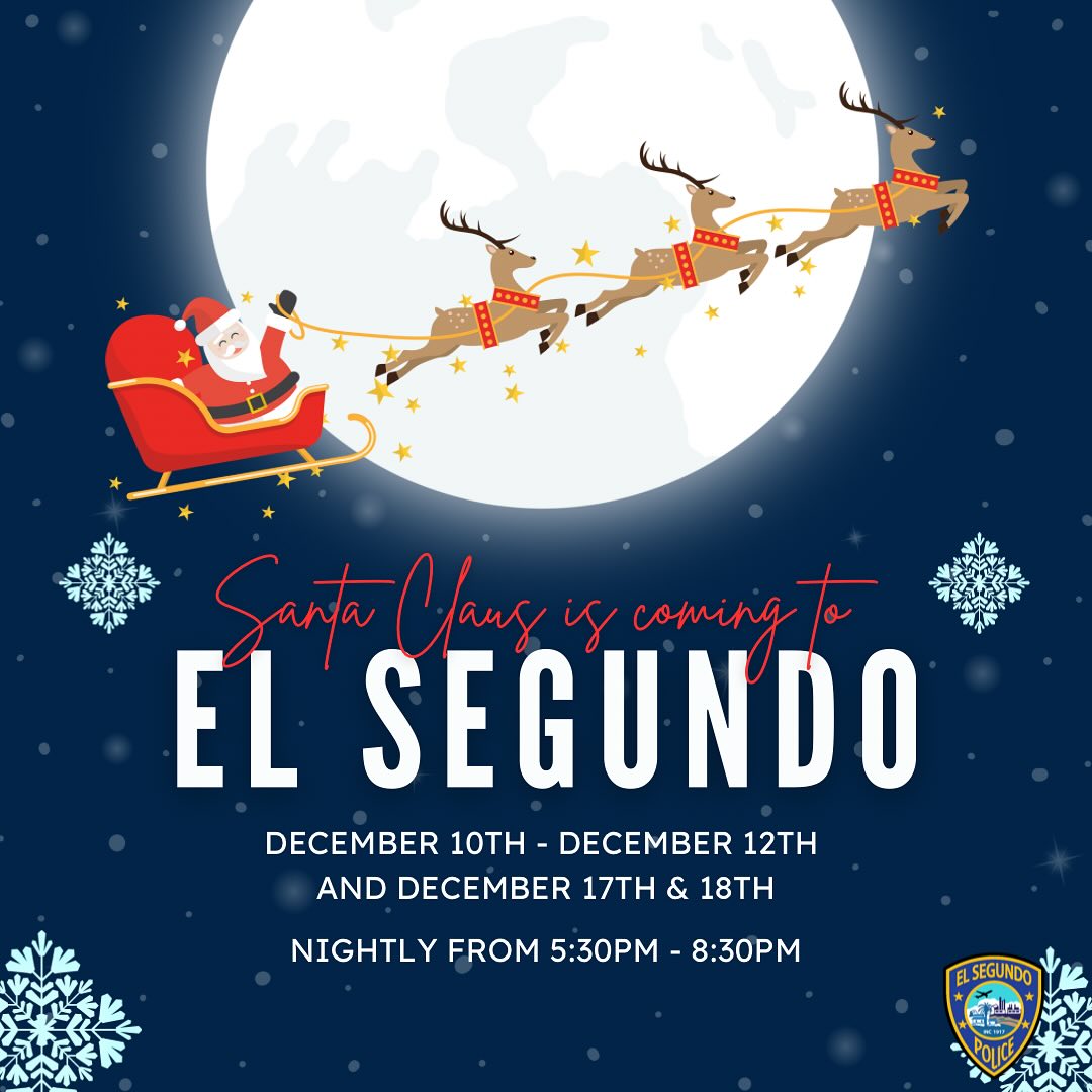 elsegundocity's tweet image. Ho, Ho, Ho! Santa Claus is coming to town December 10 - 12 and December 17 - 18 thanks to the Police Officers’ Association and El Segundo Kiwanis Club. When you hear the sirens, come visit Santa! Will you be joining us to spread holiday cheer? #holidays #espd #santa
