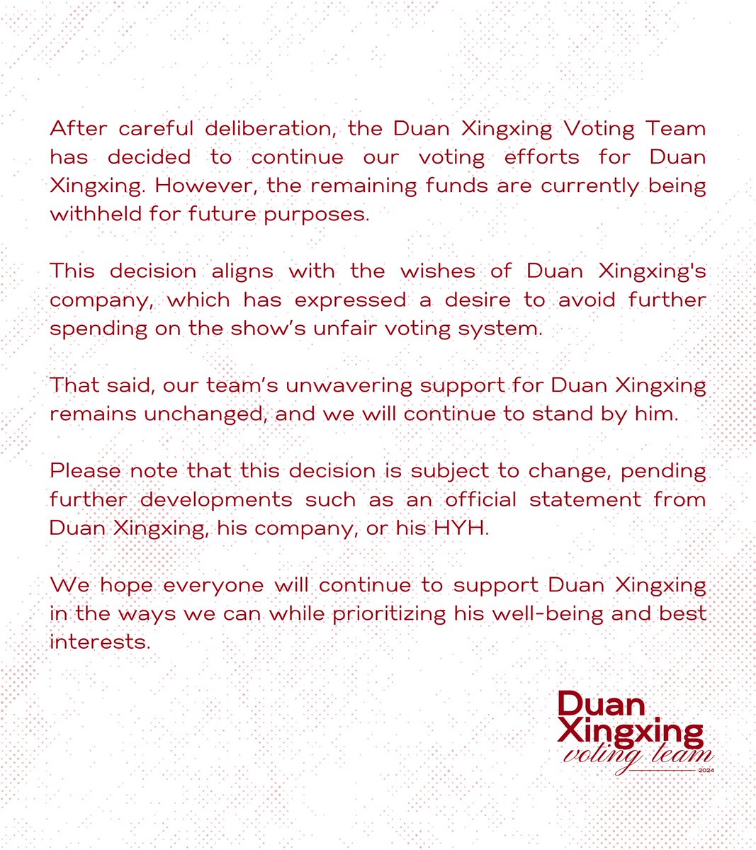 DUANXINGXING_VT's tweet photo. [NOTICE]

Re: Concerns regarding the voting efforts and activities of Duan Xingxing Voting Team.

Note: Please refrain from sending negative comments about his HYH without knowing more about the full context.

Thank you so much. https://t.co/9BSVS2dK8a