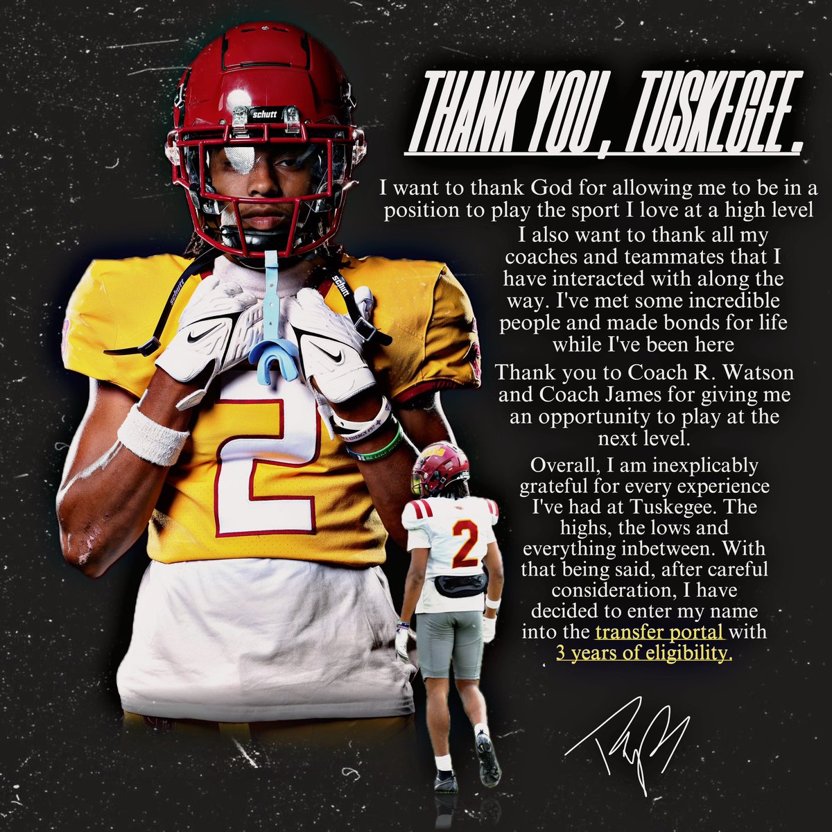 Reggie Brigman (WR) from Tuskegee enters the transfer portal with 3 years of eligibility remaining