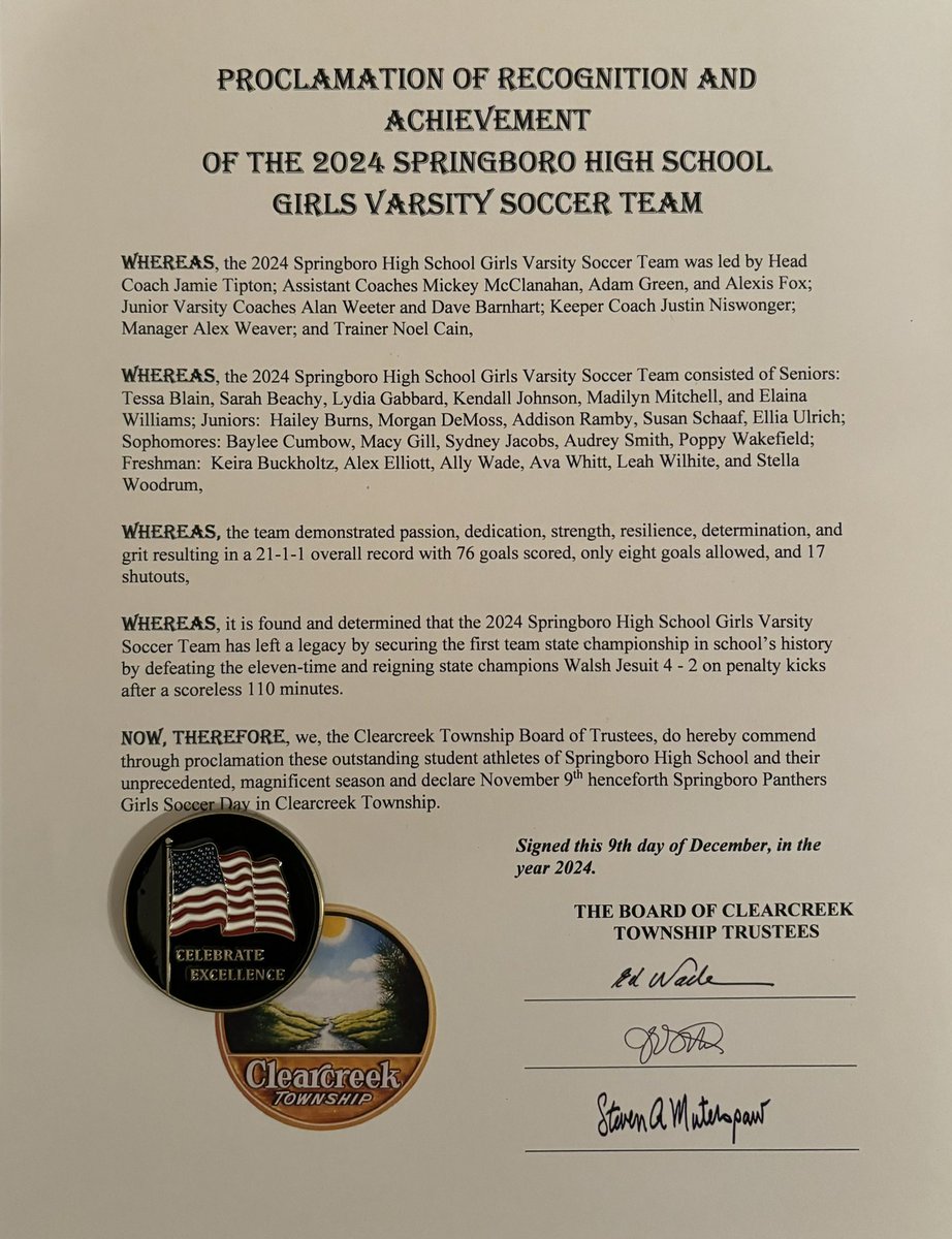 SHS_Lady's tweet photo. Thank you to the Board of Clearcreek Township Trustees for recognizing the team and declaring November 9th as Springboro Panthers Girls Soccer Day in Clearcreek Township! @Boro_Panthers https://t.co/NOJo0yDRdX