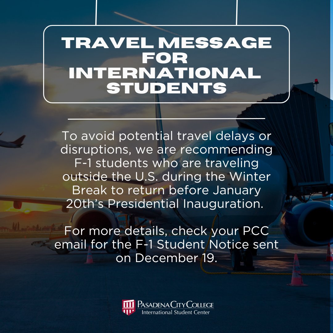 ISCLancer's tweet image. If you plan to travel outside the U.S., we are recommending a return before January 20 Presidential Inauguration to avoid travel delays or disruptions. This is only a recommendation. Check your PCC email for details 🌍️🚲️✈️#f1students #internationalstudents #pccinternational