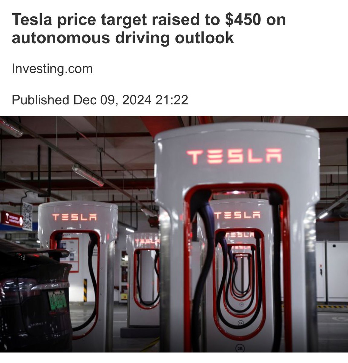 herbertong's tweet image. 🚨 CFRA raised its $TSLA stock price target to $450 from $375, maintained BUY rating

The adjustment reflects the firm's optimism about Tesla's future, particularly in the area of autonomous driving technology. According to InvestingPro data, Tesla commands a significant market…
