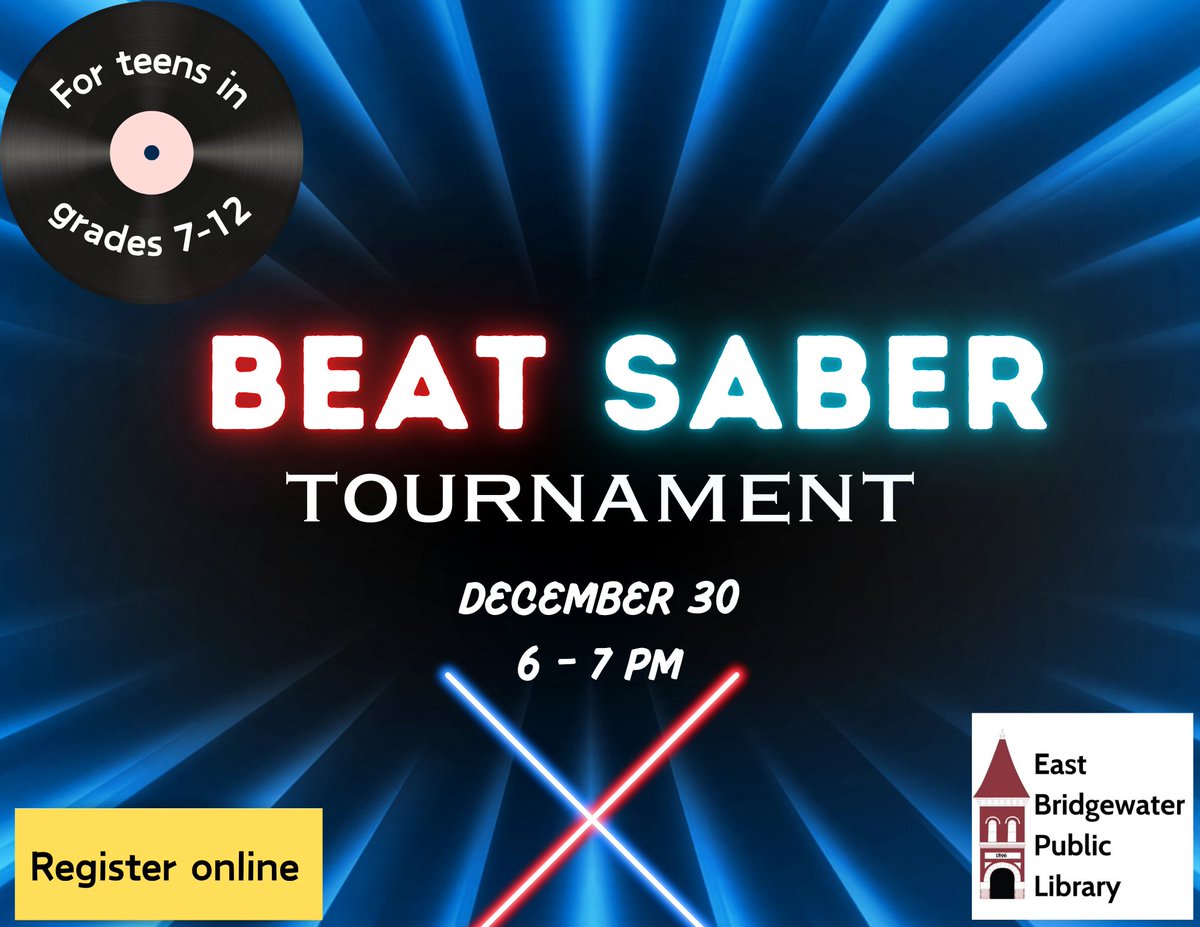 eblibraryma's tweet photo. Do you have what it takes to be the ultimate Beat Saber champion? Join us on December 30 to find out! Register at: https://t.co/gDiDYK6yvA https://t.co/64ezydl9xA