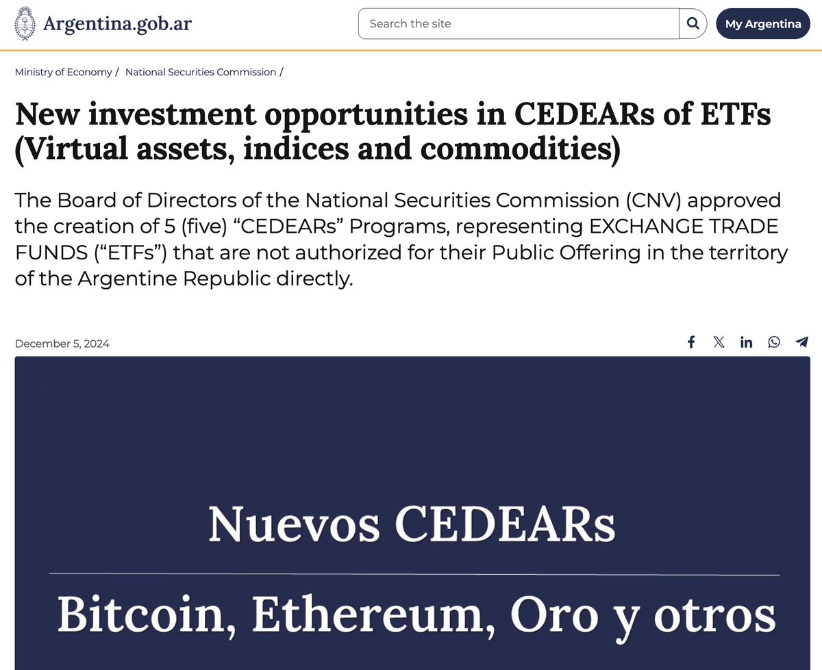 NEW: 🇦🇷 Argentina National Securities Commission approves opening the  market to foreign spot #Bitcoin ETFs.