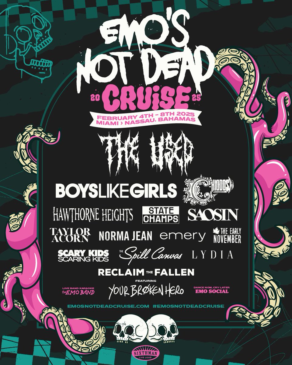 Just a few months away! Can't wait to set sail on the sea of tears alongside this incredible lineup with our newest addition, @tayloracornmusic 🤘 Head over to emosnotdeadcruise.com/schedule to see all the amazing things happening 🖤