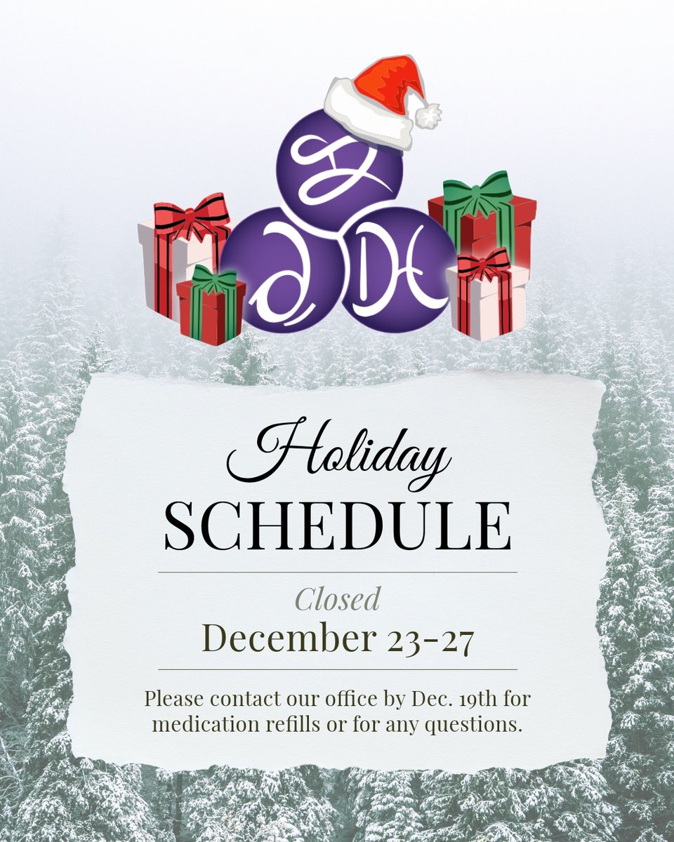 DermaHealthDerm's tweet photo. Holiday Reminder from DermaHealth! Please note that we will be closed from December 23rd to 27th. If you need medication refills or have any questions, make sure to contact our office by December 19th. We’re here to help ensure you’re covered for the holiday season! 🌟 https://t.co/4oE7hhACBL