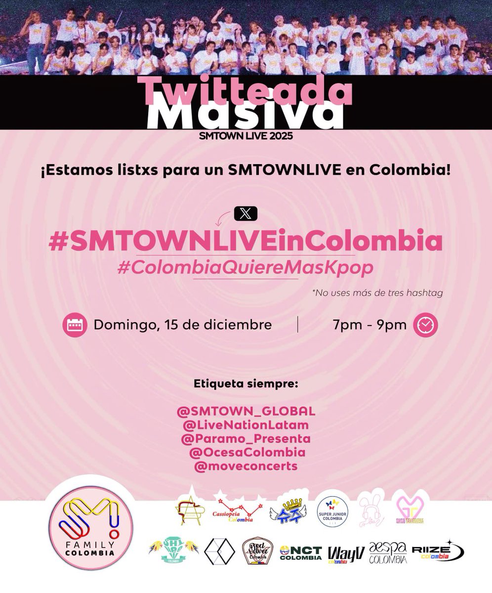 💖INFORMACIÓN IMPORTANTE📢

¡Atención SM stan y comunidad kpop!

Llegó la hora de demostrar el poder del kpop en Col.
Desde la unión de SM Family Colombia queremos invitarte a que te unas a la tweeteada masiva para pedir un SMTOWN LIVE en Colombia 🇨🇴 

📅 15 de dic
🕑7pm a 9pm