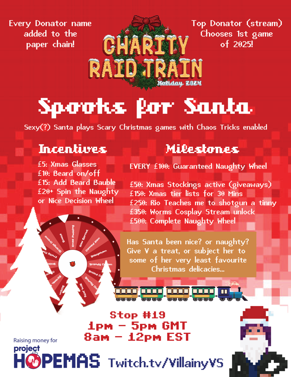 It's a lot of information to fit on one little image, but here's the plan for Stop #19 of <a href="/CharityRaid/">Charity Raid Train 👉 Oct 17-19</a>! 
We're raising money for humanitarian aid providers <a href="/projecthopeorg/">Project HOPE</a> whilst I get the crap scared out of me and put horrible things in my mouth - Standard #Christmas? 🎅