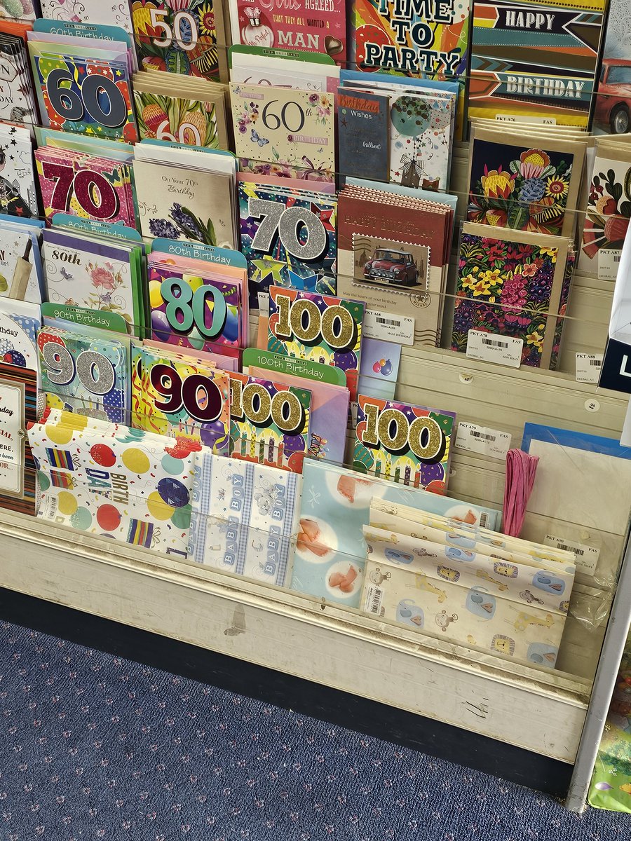 Sign off the times, three 100th birthday cards for sale in my local suburban post office.