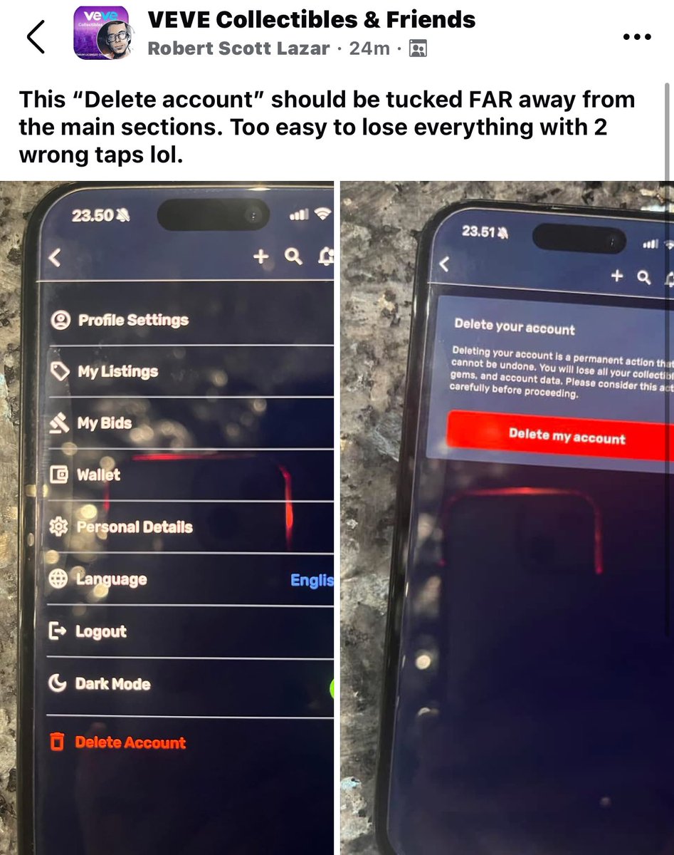 SergioCollects's tweet photo. I gotta say, the “delete account” button seems far too easy to accidentally press 😅

An extra layer of protection should be added https://t.co/pLDWl7EfQK