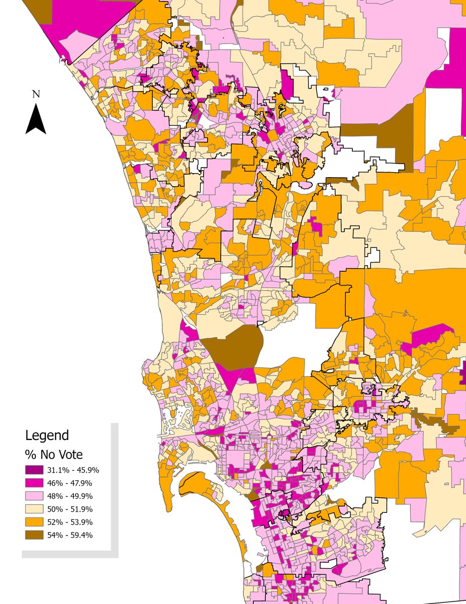 Here's a map of the % No votes by precinct on Measure G. The No campaign did best in suburban, rural and coastal communities. The Yes campaign did best in urban neighborhoods, border and college communities and South of the 8.