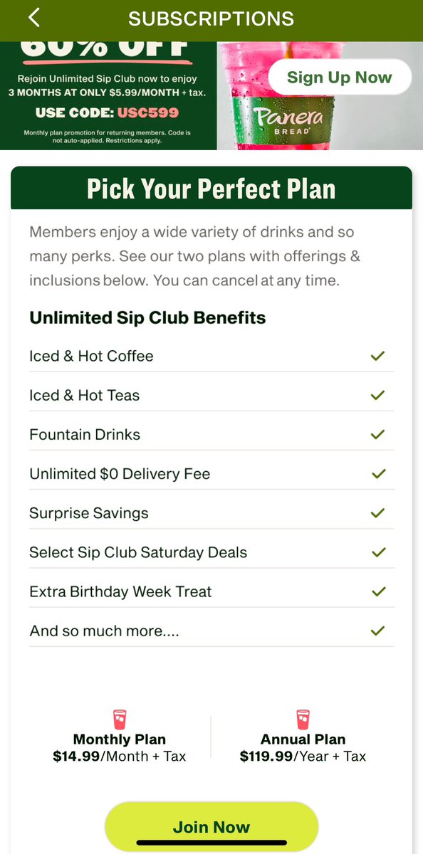melansary's tweet photo. The @panerabread sip club is such a scam. You’re supposed to get free delivery and I was just charged for delivery.  I called support and they said you have to be an annual member #ridic https://t.co/0W5nqoeVAO