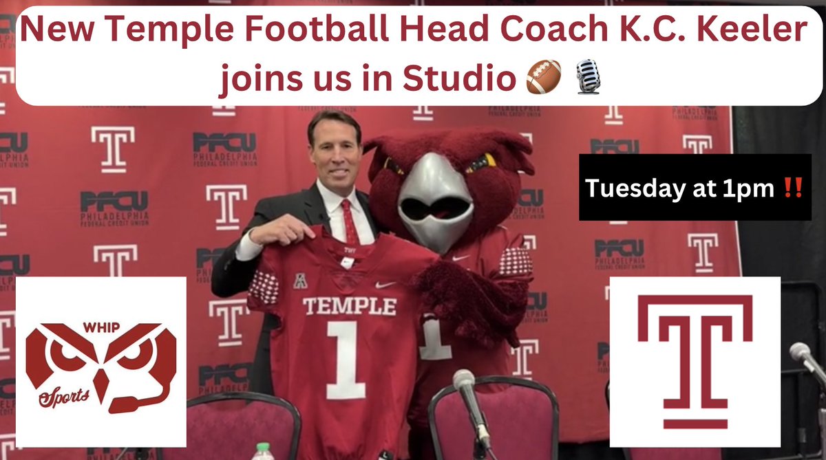 WHIP Sports (@whip_sports) on Twitter photo ‼️ TOMORROW ‼️
At 1 pm the new Temple football coach K.C. Keeler joins us in studio.
<a href="/WHIPRADIO/">WHIP Radio</a> <a href="/Temple_FB/">Temple Football</a> <a href="/CoachKCKeeler/">KC Keeler</a> ‼️ TOMORROW ‼️
At 1 pm the new Temple football coach K.C. Keeler joins us in studio.
<a href="/WHIPRADIO/">WHIP Radio</a> <a href="/Temple_FB/">Temple Football</a> <a href="/CoachKCKeeler/">KC Keeler</a>
