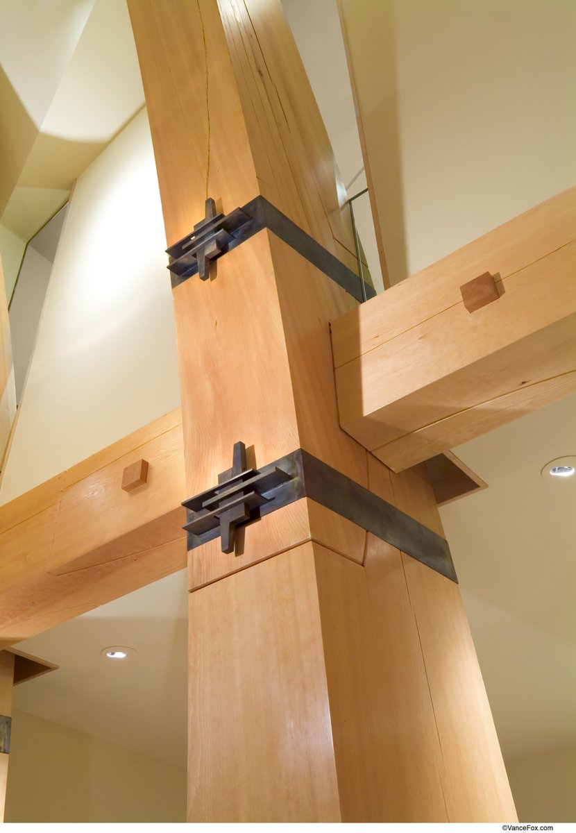 It’s in the details…..
No bolts and no nails.  Tension.  Thats it…..tension.  

-Heartswing House
Lake Tahoe, Califronia
Sitka Spruce wood and blue steel strapping.