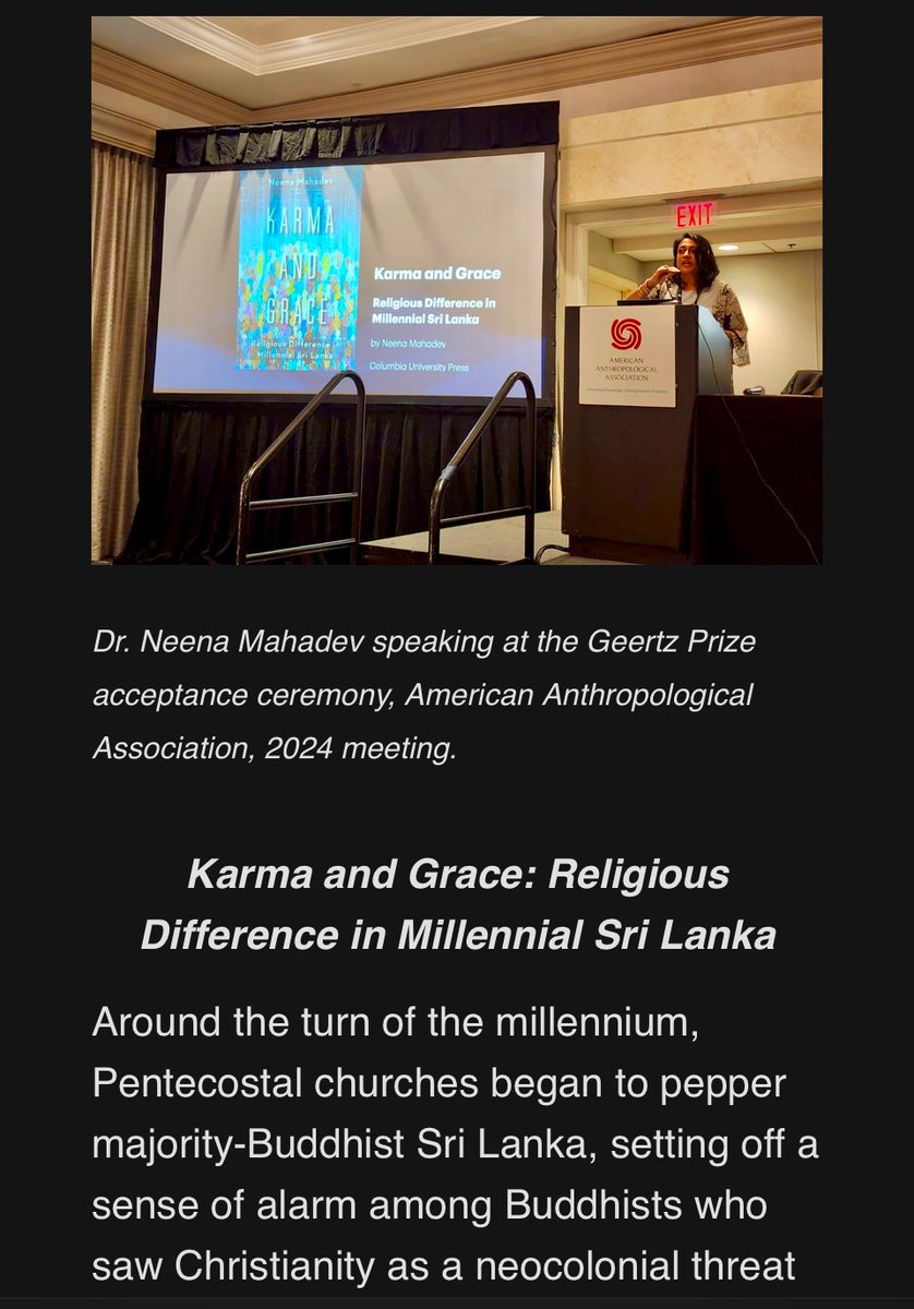 Neena Mahadev (@neenamahadev) on Twitter photo I’m thrilled to share that my book Karma and Grace: Religious Difference in Millennial Sri Lanka won the 2024 Clifford Geertz Prize from
<a href="/AnthroReligion/">Society for the Anthropology of Religion</a> awarded at the Society for the Anthropology of Religion meeting,
<a href="/AmericanAnthro/">American Anthropological Association</a>!
Thanks SAR,
<a href="/IRCPL_Columbia/">IRCPL at Columbia University</a>
<a href="/ColumbiaUP/">Columbia University Press</a>! I’m thrilled to share that my book Karma and Grace: Religious Difference in Millennial Sri Lanka won the 2024 Clifford Geertz Prize from
<a href="/AnthroReligion/">Society for the Anthropology of Religion</a> awarded at the Society for the Anthropology of Religion meeting,
<a href="/AmericanAnthro/">American Anthropological Association</a>!
Thanks SAR,
<a href="/IRCPL_Columbia/">IRCPL at Columbia University</a>
<a href="/ColumbiaUP/">Columbia University Press</a>!