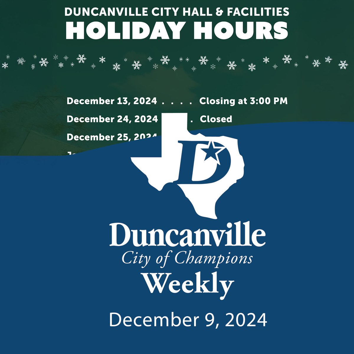 Utility Payment Notice, Start Your Career in Duncanville, City Hall Special Hours, and More! Read the Champion Weekly by visiting: conta.cc/3ZHE81w