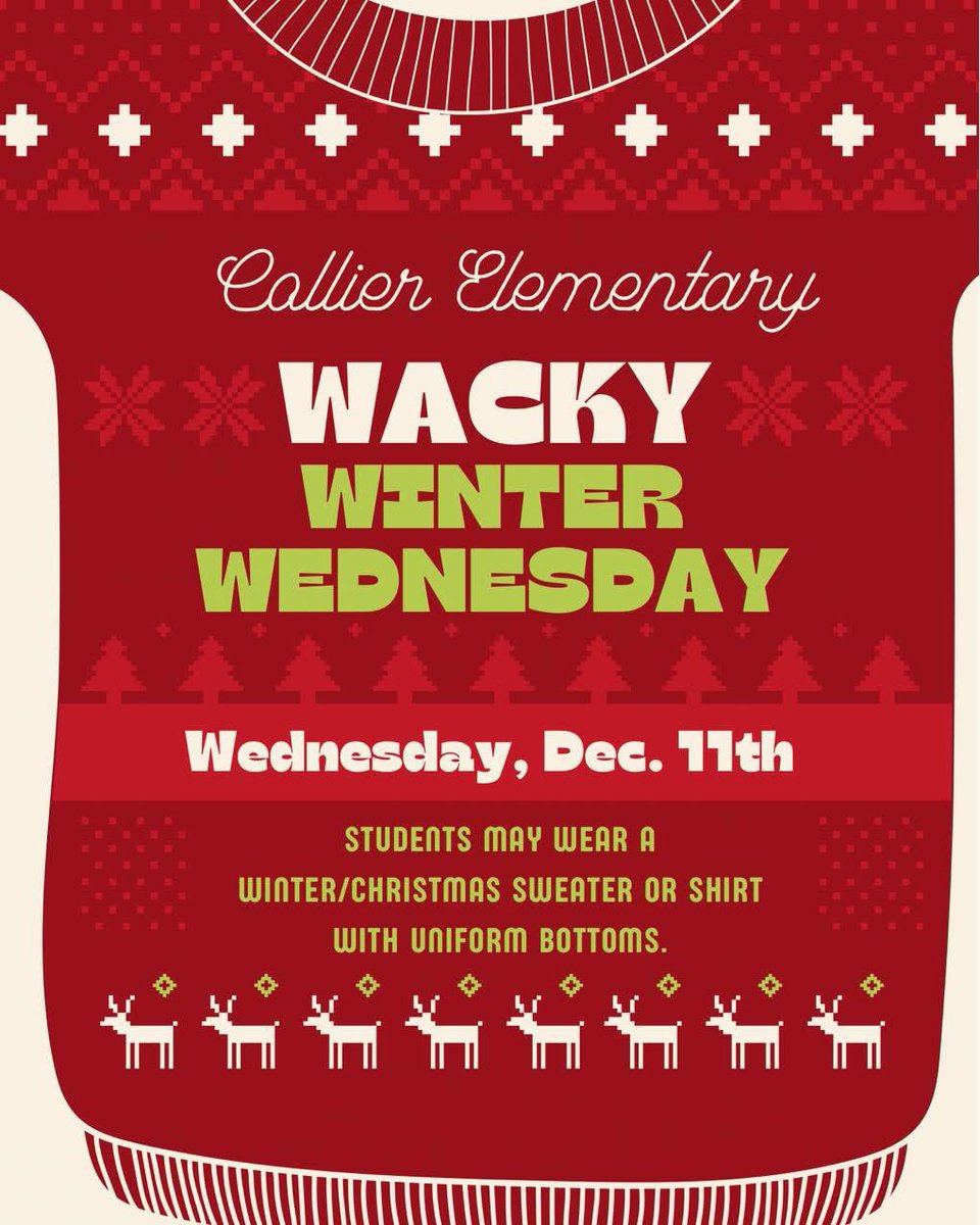 For Wacky Winter Wednesday this week, students may wear a Winter/Christmas sweater or shirt with uniform bottoms.

#BeeTheImpact #growingGREATNESS #TeamMCPSS