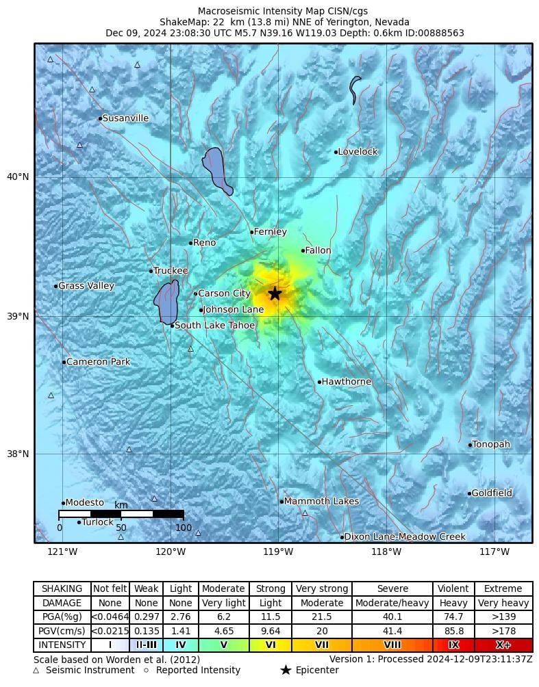 #Breaking | #Earthquake magnitude M 5.6 located 22 km NNE of Yerington, #Nevada 
•Strong  intensity reported.
• Low likelihood of casualties and damage.

#ShakeAlert issued an Earthquake Early Warning: earthquake.usgs.gov/earthquakes/ev…