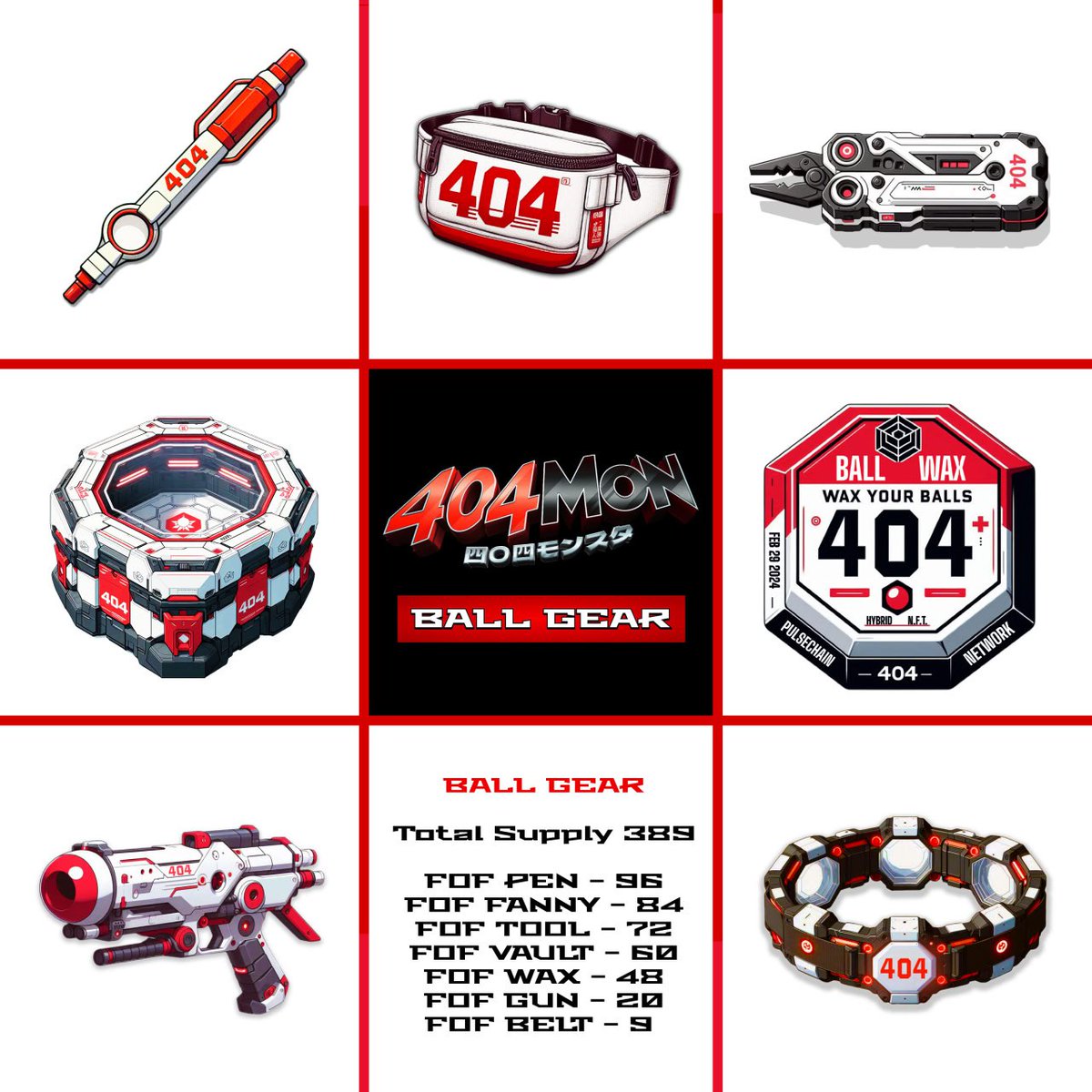 PULSE404MON's tweet photo. 404MON BALL GEAR NFT Drop

TOTAL SUPPLY - 389

FOF PEN - 96
FOF FANNY - 84
FOF TOOL - 72
FOF VAULT - 60
FOF WAX - 48 (RARE)
FOF GUN - 20 (EPIC)
FOF BELT - 9 (LEGENDARY)

#MONSTUFF #404MON https://t.co/qaDcIfwtFG