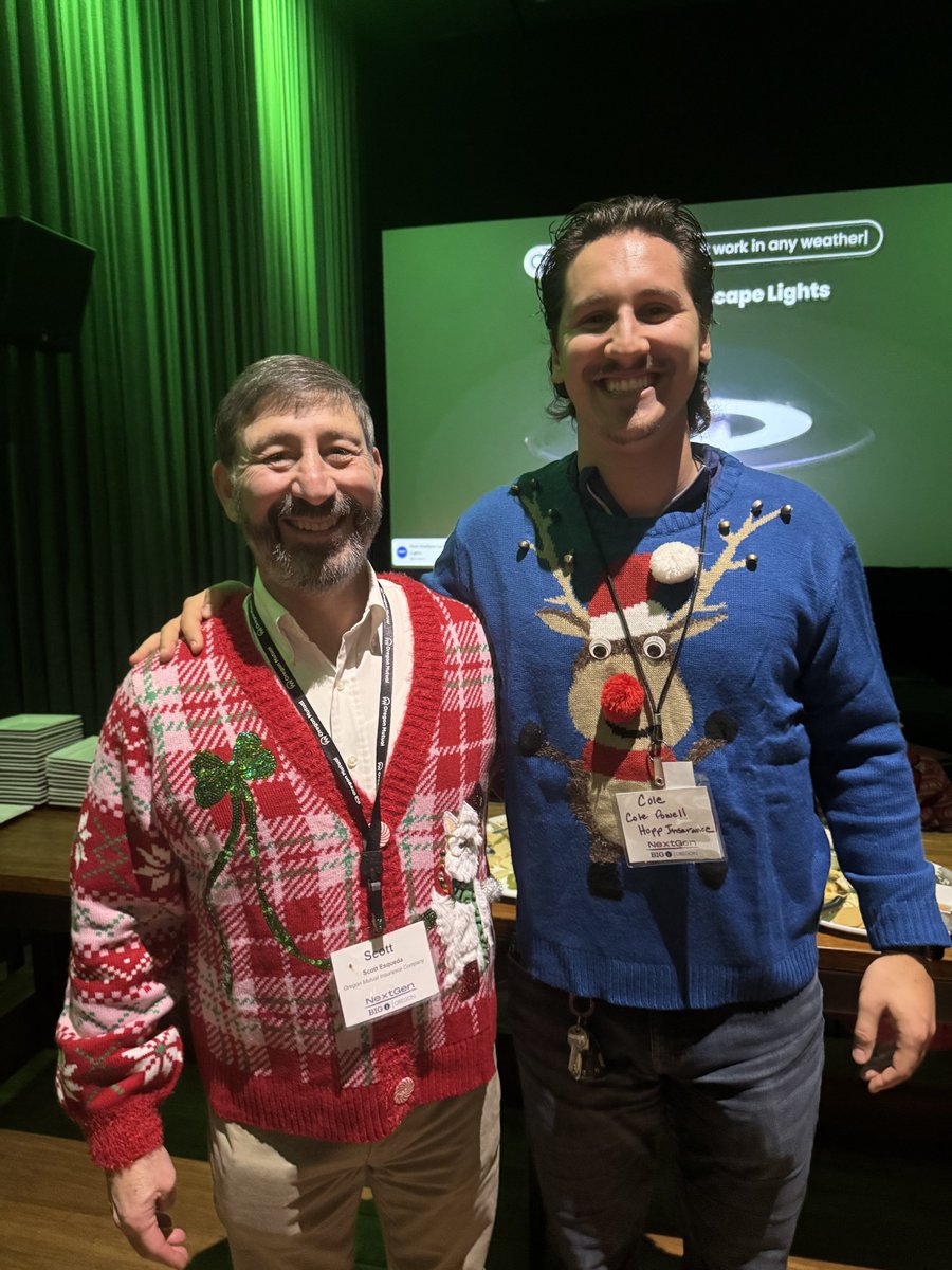 OregonMutual's tweet photo. Oregon Mutual attended the BIG I Oregon NextGen Make-A-Wish Ugly Christmas Sweater event.🎄Scott Esqueda, Marketing Division Manager, is with Cole Powell, Agent, Hopp Insurance. https://t.co/O67F2YE0me