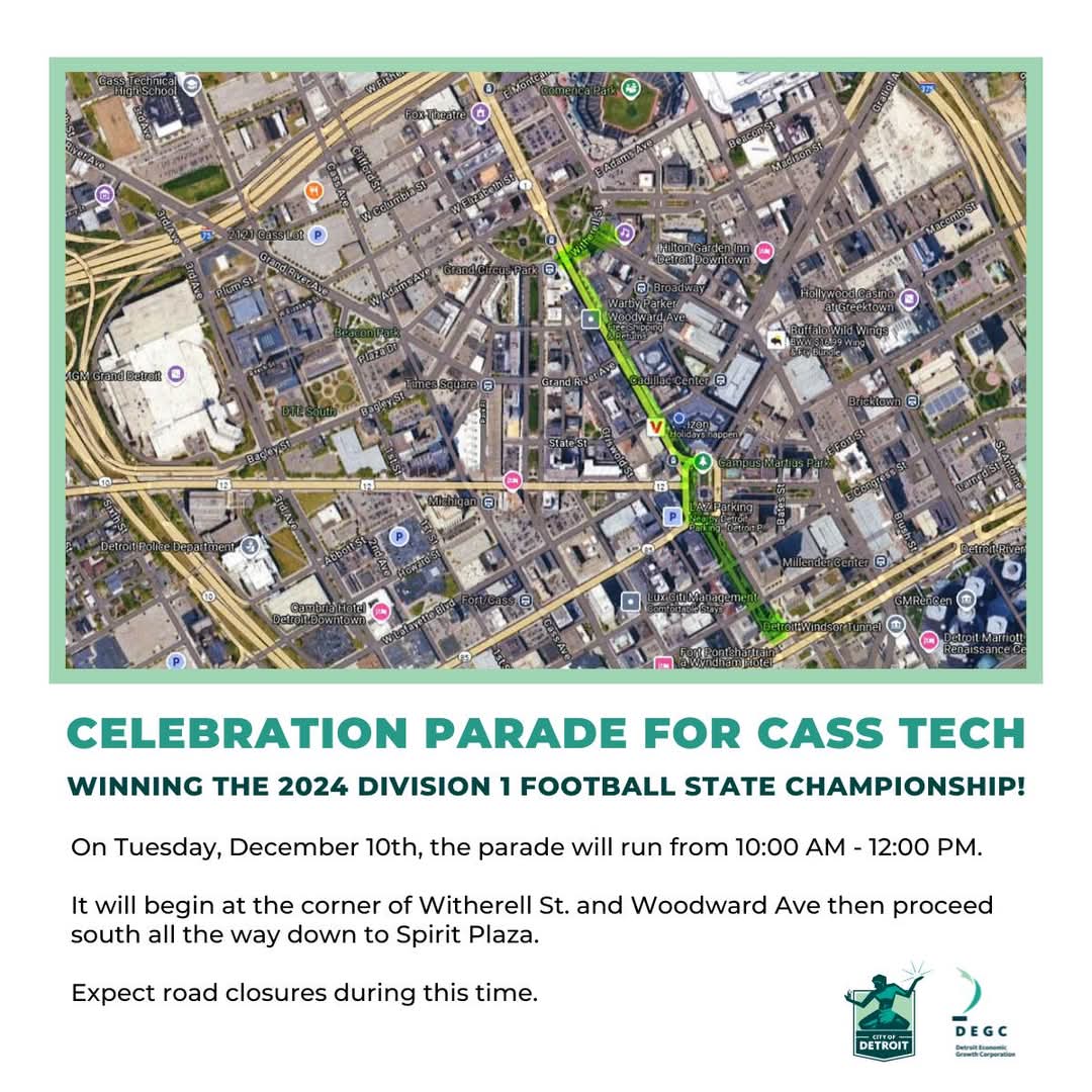 Look at this... we are getting a parade to celebrate our championship! If you are Downtown tomorrow, come out &amp; cheer on the MHSAA Division 1 State Champs. Parade starts @ 10am @ Grand Circus Park (Woodard &amp; Witherall) &amp; ends at the Spirit of Detroit with a rally to cap it off.