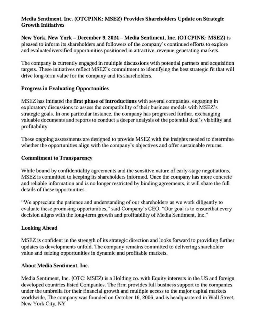 $MSEZ news, still think this will give another nice opp over time to profit on anything bought below 08 unless they ruin it which I don't think they wanna do before it sees a good spike again. We will see.