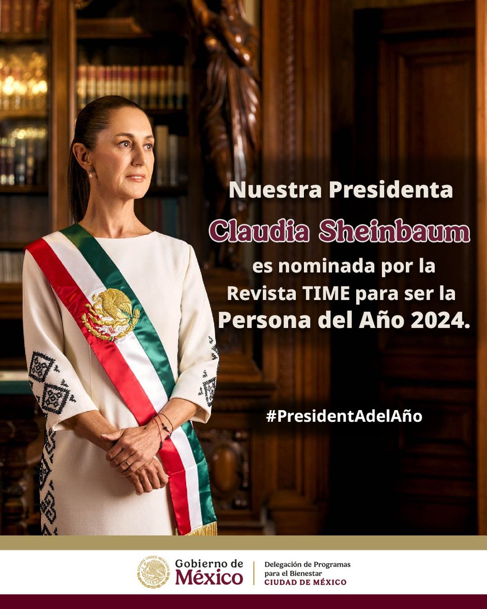 Bienestar_CDMX's tweet photo. Hace dos meses, la Dra.@Claudiashein hizo historia al convertirse en la primera Presidenta de México y liderar el segundo piso de la Cuarta Transformación.

Actualmente, cuenta con el 74% de aprobación de los mexicanos, quienes consideran que su administración va por buen camino. 🇲🇽👩🏻‍💼

Recientemente, se dio a conocer que fue nominada como Persona del Año 2024 por la revista TIME, junto con otros líderes del mundo. 👏

#PresidentADelAño