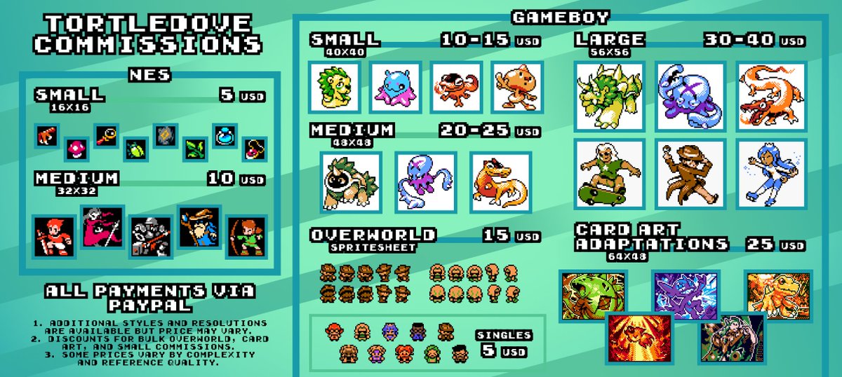 DoveTortle's tweet photo. New Commissions page to show off more styles and new (lower) prices (which may be temporary)! DM me for requests or additional questions, alternative styles and style tweaks are available!
#pixel #pixelart #Commission #commissionart #Pokemon #PokemonTCG https://t.co/Gy9NtPx2XP