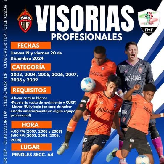 politica1467's tweet photo. 💥 Visorías Liga TDP
🛡️ Club Calor
📆 19 y 20 Dic. 24
🏃🏼♂️ 2003 al 2009
⌚ Checar horario de acuerdo a tú categoría
🏟️ Peñoles Secc 64
🏙️ Torreón, Coahuila
⚠️ Más info en la página de facebook ( Club Calor TDP)
#visorias #ligatdp #torreon #coahuila #visoriasjuveniles https://t.co/vSXZmxpxen