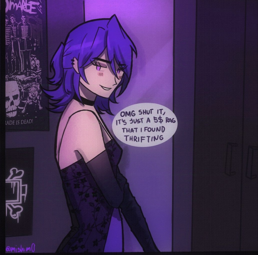 mishim0's tweet photo. A headcanon and an au funfact It's that both enjoy and are really into old-fashioned clothes/style 
P.D: Her dress is has a 90s style that's the reason of the mini comic heh (hope you like it) 
#mdtwt #murderdrones #nuzi #murderdronesfanart  #biscuitbites https://t.co/SjXDNhbP1f