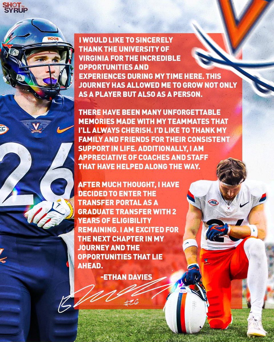 edavies26's tweet photo. Nothing but love for UVA. Next Chapter❕

- Grad. Transfer: 2 years of eligibility 

@CoachNeh @LancasterCoach https://t.co/TiGHztvIsC