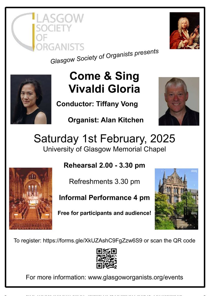 Advance notice of our February Come &amp; Sing Vivaldi Gloria event with <a href="/TiffanyBVong/">Tiffany Vong</a> and Alan Kitchen at the University of Glasgow

Join us on Sat 1st February for a fun afternoon of singing, starting at 2 pm! 

Register here: forms.gle/XkUZAshC9FgZzw…