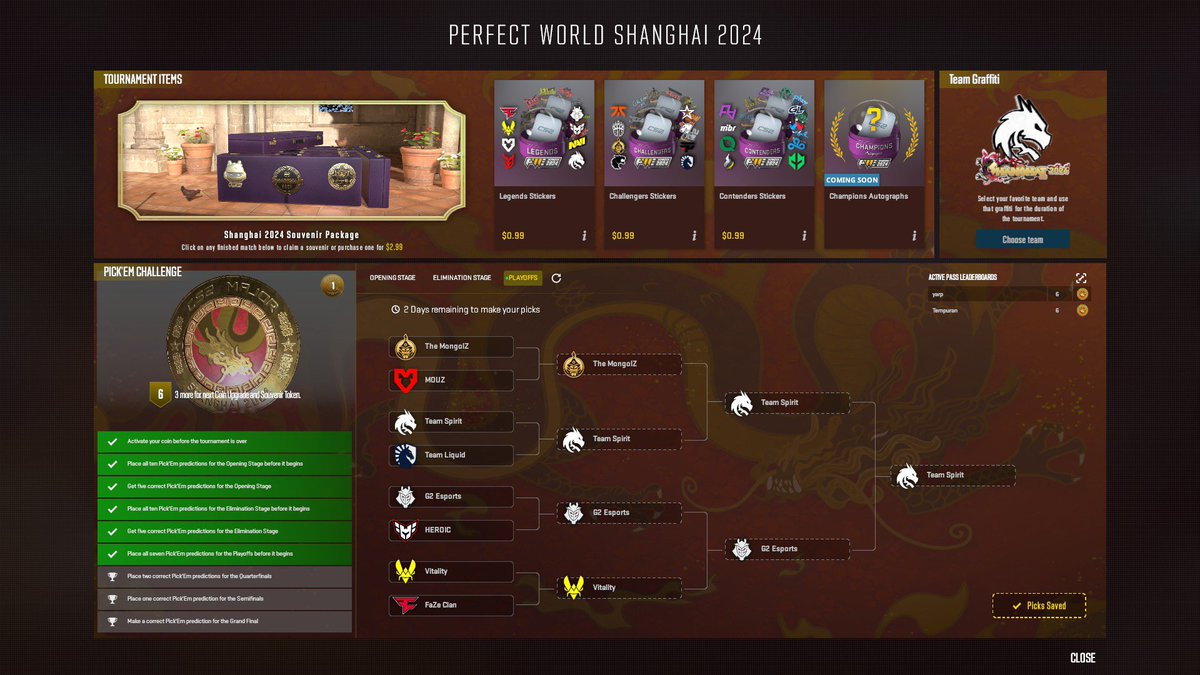 Here are my playoff pickem’s for the #ShanghaiMajor2024 

The only thing I’m still debating is Mouz vs Mongolz. 

Let me know in the comments how stupid I am for choosing Spirit over G2. 🙂