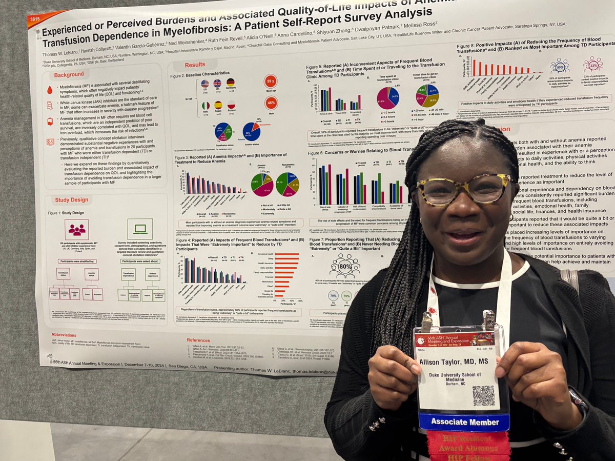 rfeinw's tweet photo. Privileged to speak to so many hem/onc rockstars at our #myelofibrosis poster last evening including @DukeHMCT's @AllisonTaylorMD Thanks to @tomleblancMD and study sponsor @GSK for having a patient co-author and co-present! #ASH24 #mpnsm w/@NedWeinshenker https://t.co/R8DD5dQReP
