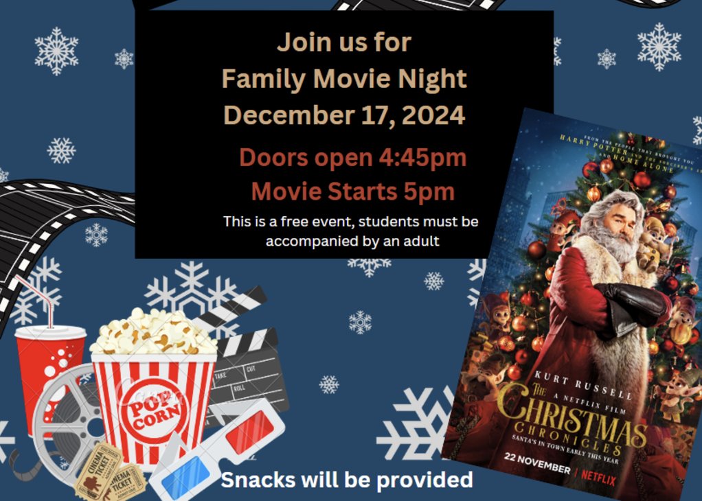 Carl B. Bruce Middle School (@carlbrucetigers) on Twitter photo Join us next Tuesday, Dec. 17 for a free Family Movie Night. The courtyard doors will open at 4:45 p.m., and "Christmas Chronicles" will begin at 5 p.m. Snacks will be provided. Students must be accompanied by an adult.
#CBBTigerStrong <a href="/kckschools/">Kansas City, Kansas Public Schools</a> Join us next Tuesday, Dec. 17 for a free Family Movie Night. The courtyard doors will open at 4:45 p.m., and "Christmas Chronicles" will begin at 5 p.m. Snacks will be provided. Students must be accompanied by an adult.
#CBBTigerStrong <a href="/kckschools/">Kansas City, Kansas Public Schools</a>