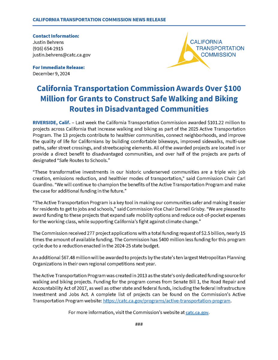 California Transportation Commission Awards Over $100 Million for Grants to Construct Safe Walking and Biking Routes in Disadvantaged Communities. For more information, please visit: catc.ca.gov/programs/activ…