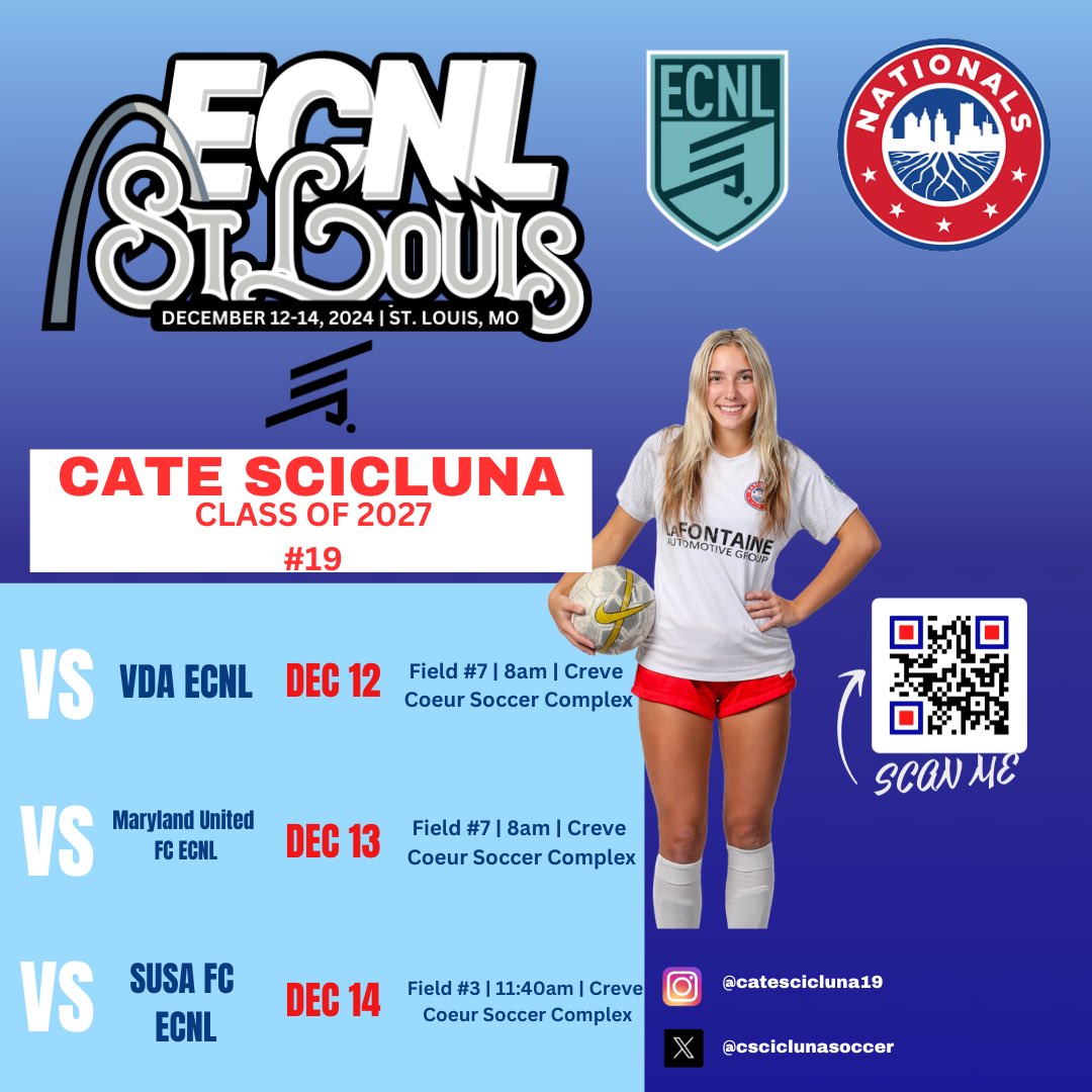 Cate Scicluna (@csciclunasoccer) on Twitter photo Extremely excited for the upcoming showcase this week in St. Louis!! See you Thursday :) <a href="/TheECNL/">The ECNL</a> <a href="/NationalsGA/">Nationals Girls Academy</a> <a href="/ImYouthSoccer/">ECNL/GA/Recruiting/College Soccer</a> <a href="/ImCollegeSoccer/">College Soccer Truth ™</a> <a href="/TheSoccerWire/">SoccerWire</a> Extremely excited for the upcoming showcase this week in St. Louis!! See you Thursday :) <a href="/TheECNL/">The ECNL</a> <a href="/NationalsGA/">Nationals Girls Academy</a> <a href="/ImYouthSoccer/">ECNL/GA/Recruiting/College Soccer</a> <a href="/ImCollegeSoccer/">College Soccer Truth ™</a> <a href="/TheSoccerWire/">SoccerWire</a>