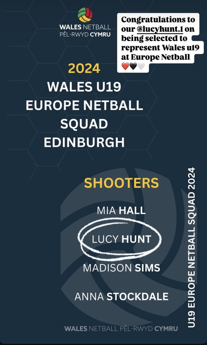 Congratulations to our shooter Lucy Hunt representing Wales at Netball Europe .. good luck Lucy we are proud of you 
<a href="/BarkingAbbeySch/">Barking Abbey School</a>