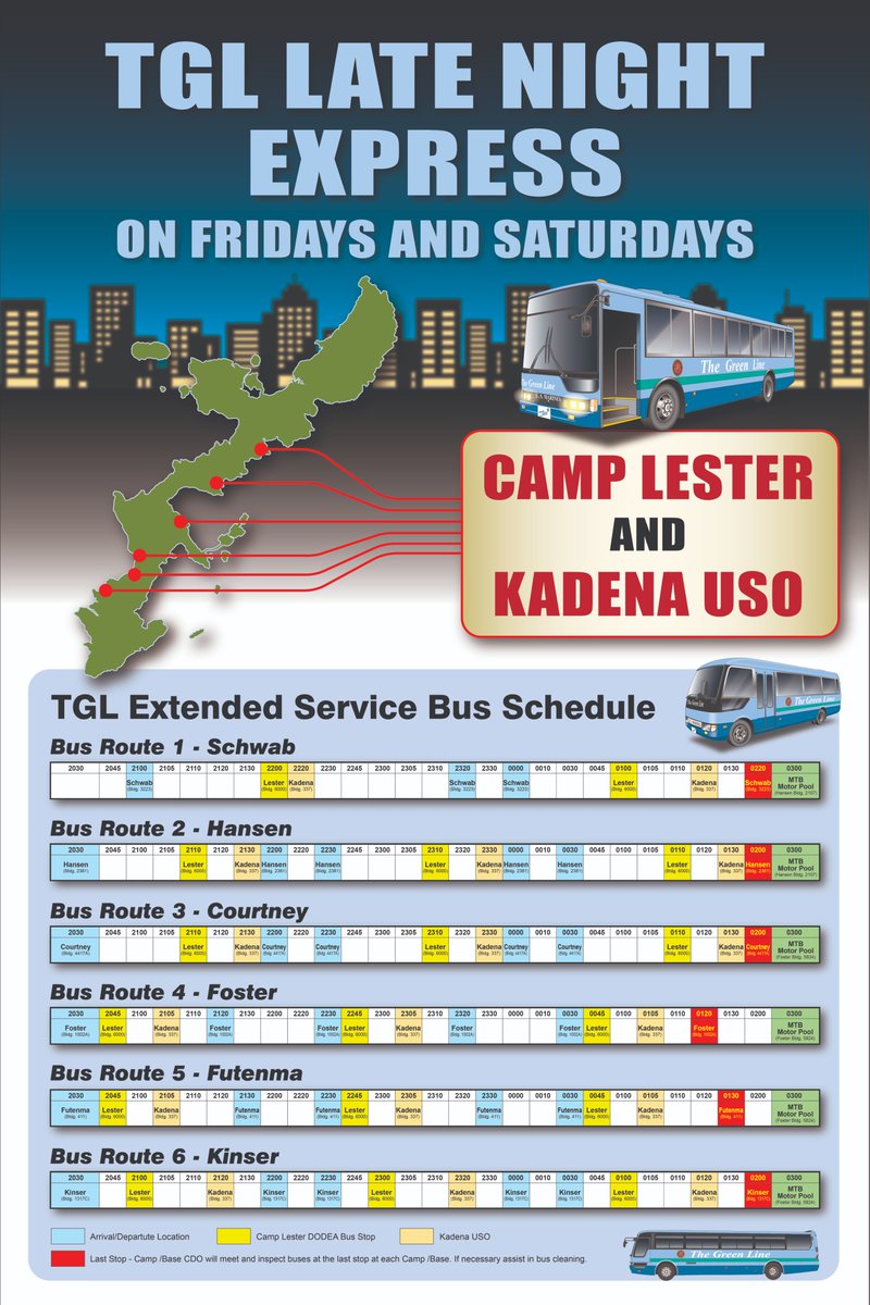 OkinawaMarines's tweet photo. ๐ Late nights just got safer and more convenient!
The Green Line now operates on Fridays and Saturdays, providing extended bus services across major bases on Okinawa. Plan your ride and enjoy a reliable, safe trip home!
#TheGreenLine #MCIPAC #LateNightExpress #StaySafe https://t.co/3OuJrCmOw9