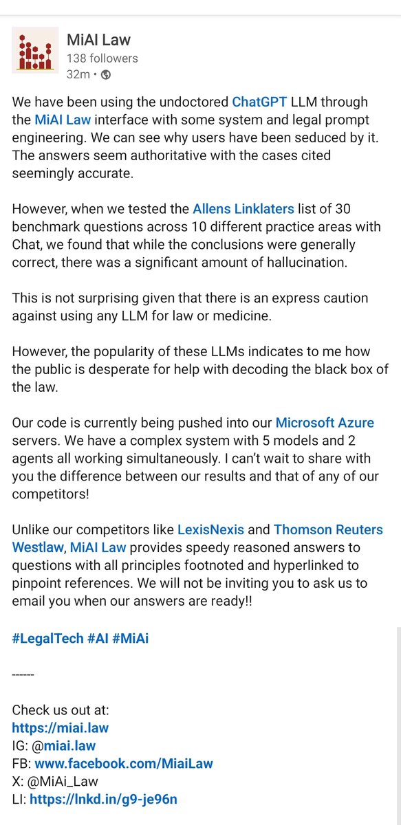 MiAi_Law's tweet photo. Our complex multi-model, multi-agent code is being pushed into our @Azure servers.

Unlike our competitors @LexisNexis and @Westlaw, @MiAi_Law provides speedy reasoned answers to questions with all principles footnoted and hyperlinked to pinpoint references.

#LegalTech #ChatGPT https://t.co/CXnvIcWmkR