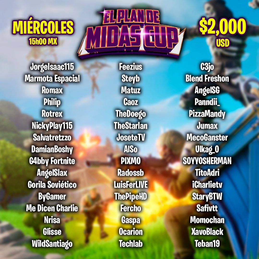 Participantes confirmados del TORNEO:👑EL PLAN DE MIDAS CUP😎👌

Estos son los primeros participantes que ya confirmaron, aun queda espacio para más!
Torneo Fortnite OG Zero Build, $2000 USD Prizepool!

👀Creadores/Streamers interesados comenten aquí abajo⬇️ y etiqueten a quienes