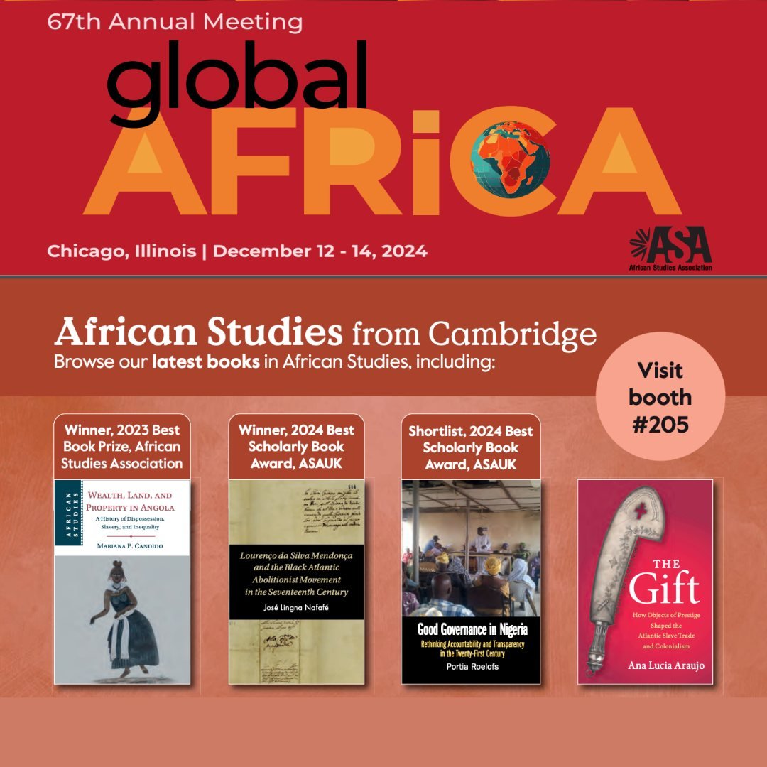 araujohistorian's tweet photo. Visit the @cambUP_History booth at the @ASANewsOnline meeting in Chicago and get a copy of my The Gift and the award-wining Wealth, Land and Property in Angola by @CandidoMarianaP #slaveryarchive https://t.co/YWfv8TvA7i
